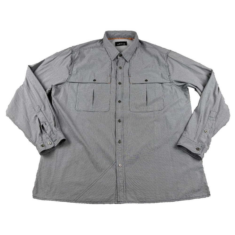Orvis Men's Fly Fishing Shirt XL Navy Check Vented Roll Tab Long Sleeve